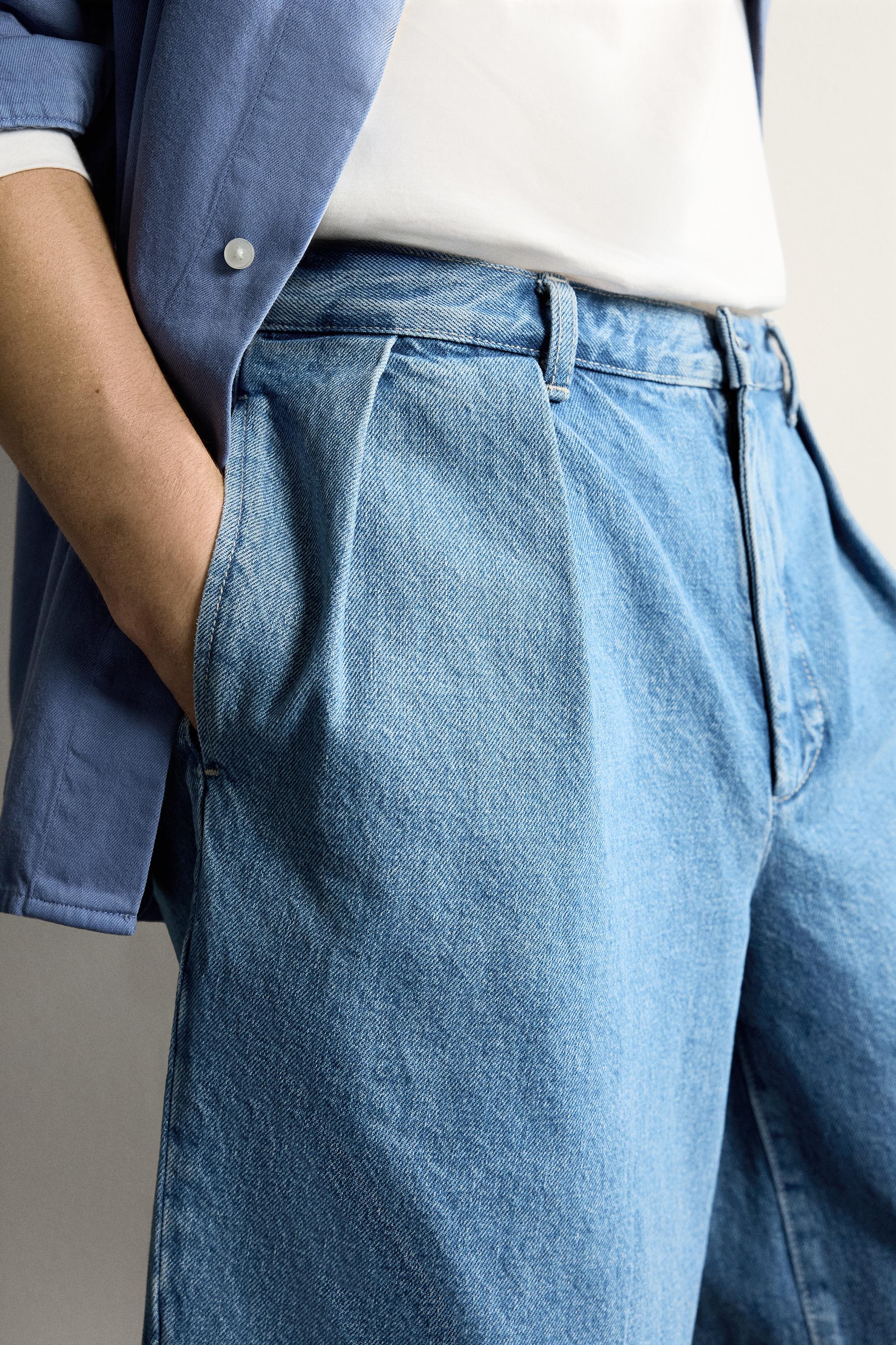 RELAXED FIT PLEATED DENIM CHINO SHORTS